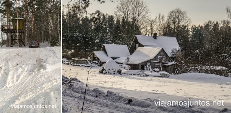 Torre-mirador-casa en los árboles y una casa del pueblo en Stameriena. Ruta invernal por el este de Letonia. Países Bálticos en invierno.