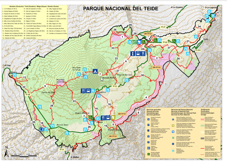 Mapa de senderos en el Parque Nacional del Teide.