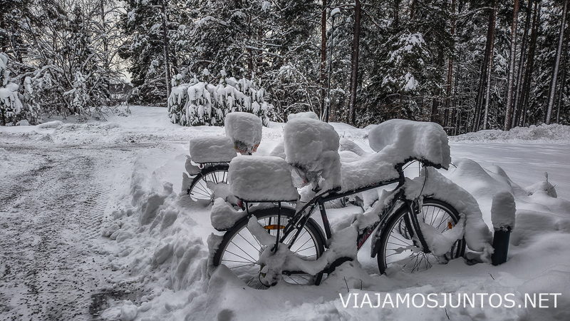 Bicicletas cubiertas de nieve en una calle de Suecia