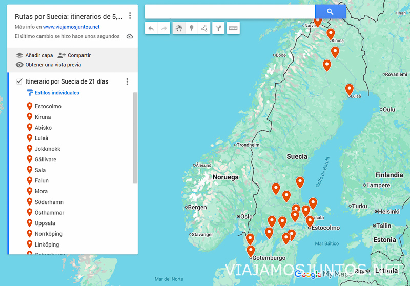 Mapa con recorrido de 21 días por Suecia en invierno